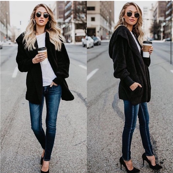 Black Super Soft Cozy Pocket Hood Sherpa Lightweight Teddy Coat Thin Cardigan - Picture 6 of 8